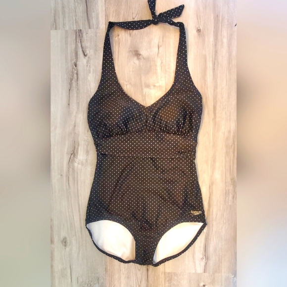 Speedo Halter Black with White Polka Dots One Piece Swimsuit Size Medium - Picture 1 of 6